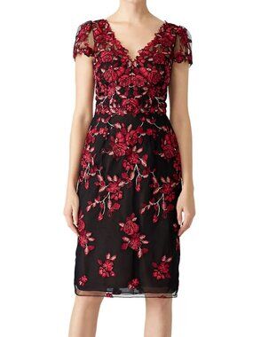 Marchesa Notte Red Floral Embroidered Sheath Dress